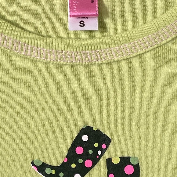 HUE Lime Green Tee Accented with Pink and Black Polka Dot Boot Appliqué - Picture 3 of 7